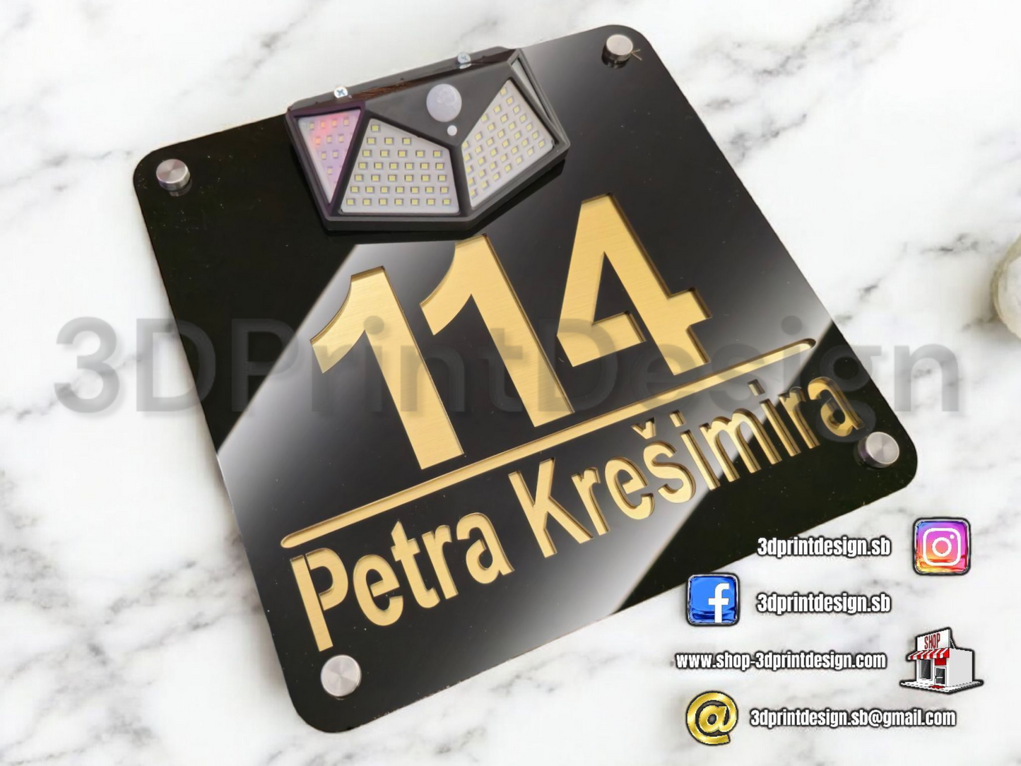 Moderni kućni broj sa LED solarnom rasvjetom - Crni pleksiglas - 3DPrintDesign