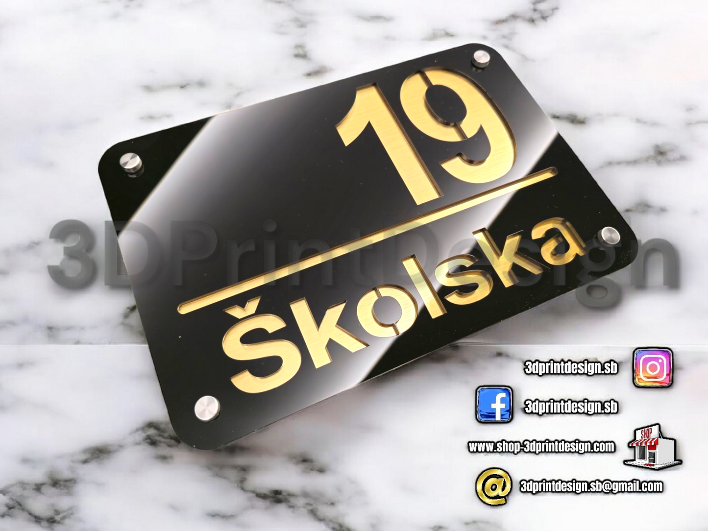 Moderni kućni broj na ploči - Crni pleksiglas 3DPrintDesign