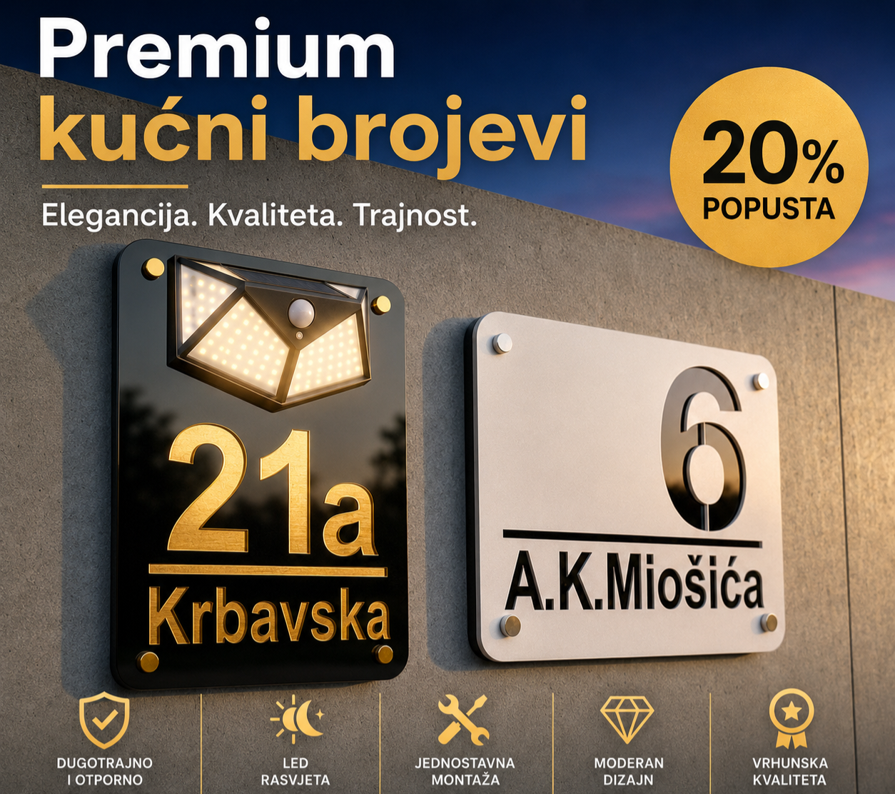 Personalizirani premium kućni broj s LED rasvjetom, senzorom pokreta, modernim dizajnom i otpornim materijalima za vanjsku montažu.