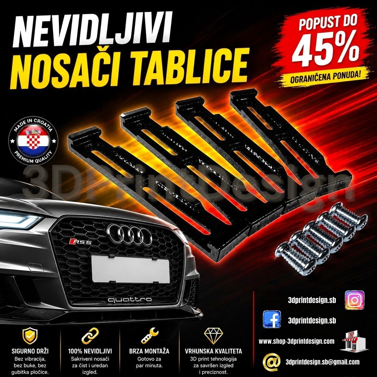 Nosači za tablice bez okvira izrađeni 3D print tehnologijom – univerzalni nosači registarskih pločica, proizvedeni u Hrvatskoj