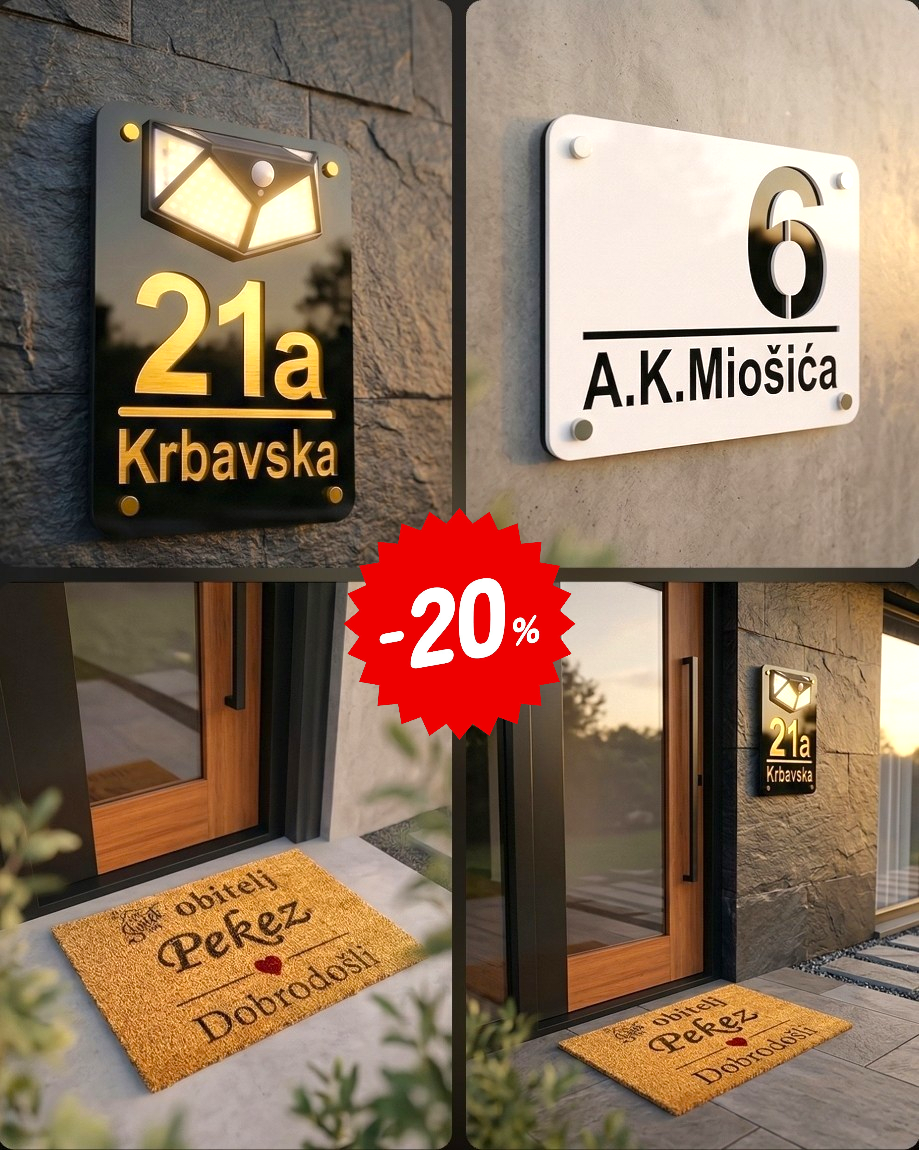 Premium kućni brojevi, broj za kuću i personalizirani otirači od kokosovih vlakana. Kućni broj s LED osvjetljenjem