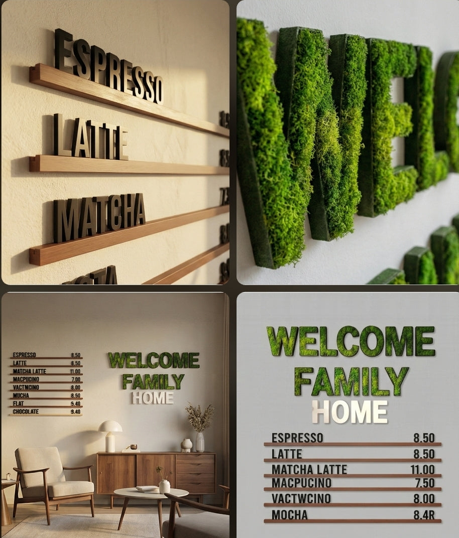 3D modularni zidni cjenik, 3D slova od mahovine, dizajn interijera