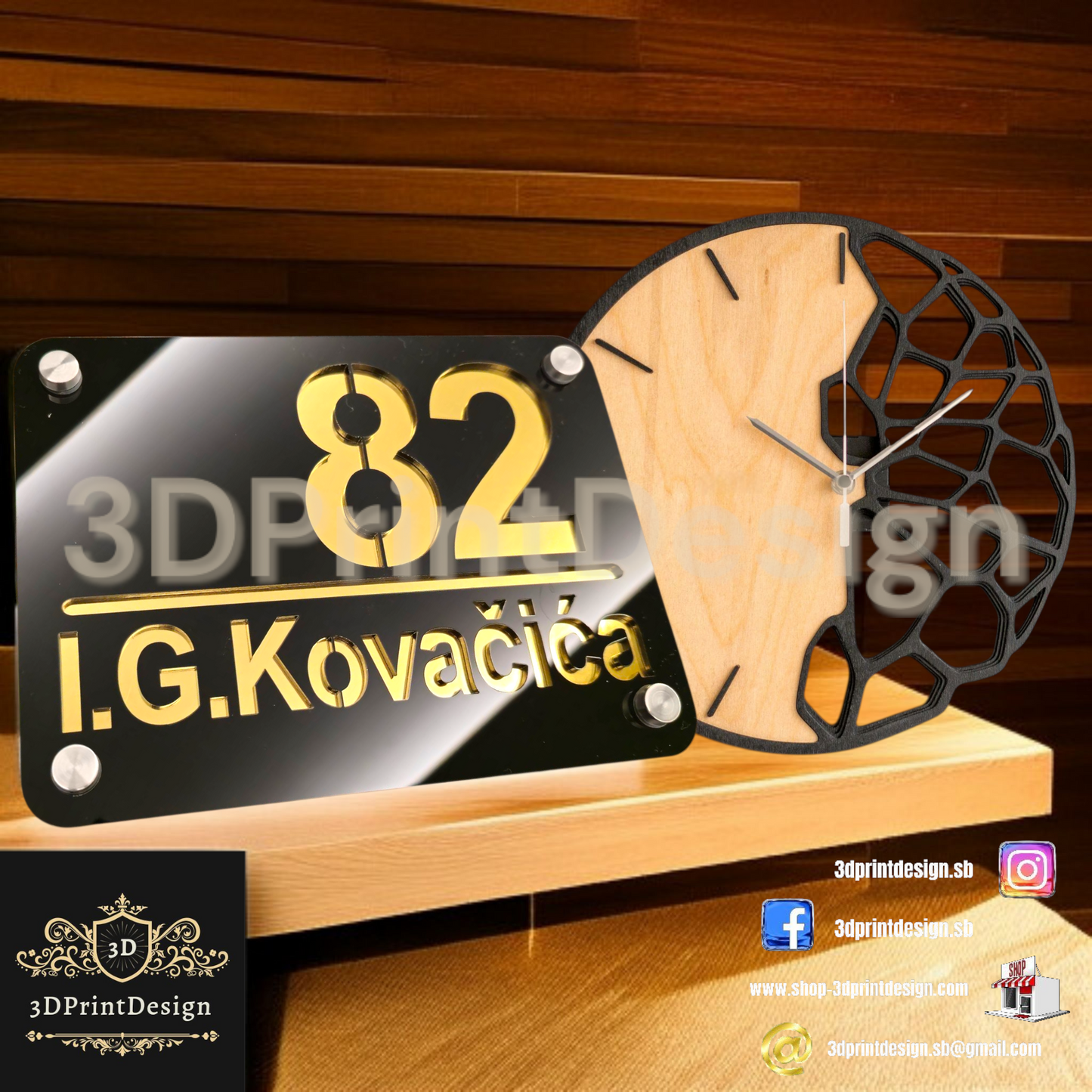 Moderni Crni Kućni Broj + Zidni sat Moderna No.1 - 3DPrintDesign 