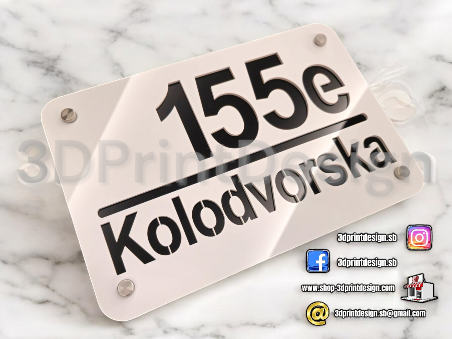 Moderni kućni broj na ploči - Bijeli pleksiglas - 3DPrintDesign 