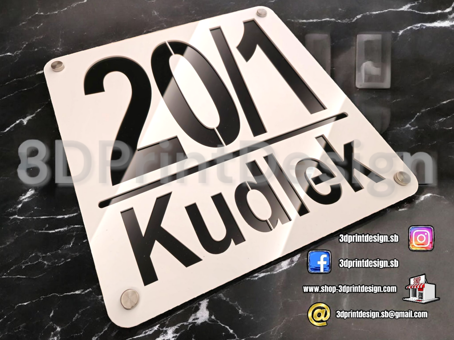 Moderni kućni broj na ploči - Bijeli pleksiglas - 3DPrintDesign 