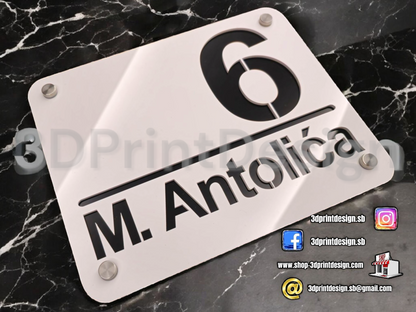 Moderni kućni broj na ploči - Bijeli pleksiglas - 3DPrintDesign 