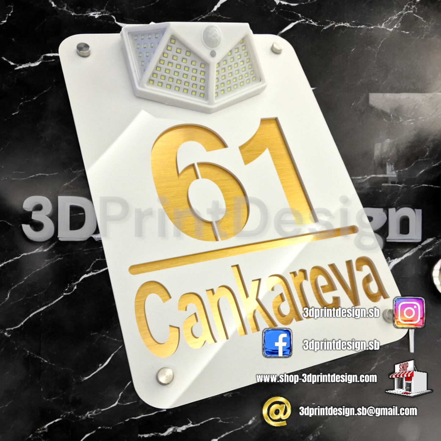 Moderni kućni broj sa LED solarnom rasvjetom - Bijeli pleksiglas - 3DPrintDesign 