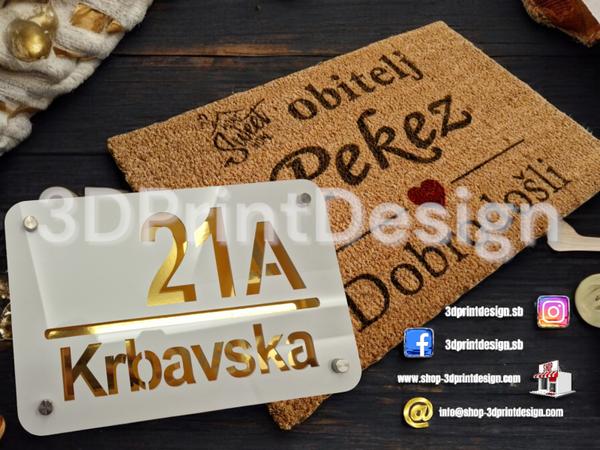 Otirač + Moderni kućni broj na ploči - Bijeli pleksiglas - 3DPrintDesign 