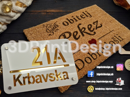 Otirač + Moderni kućni broj na ploči - Bijeli pleksiglas - 3DPrintDesign 