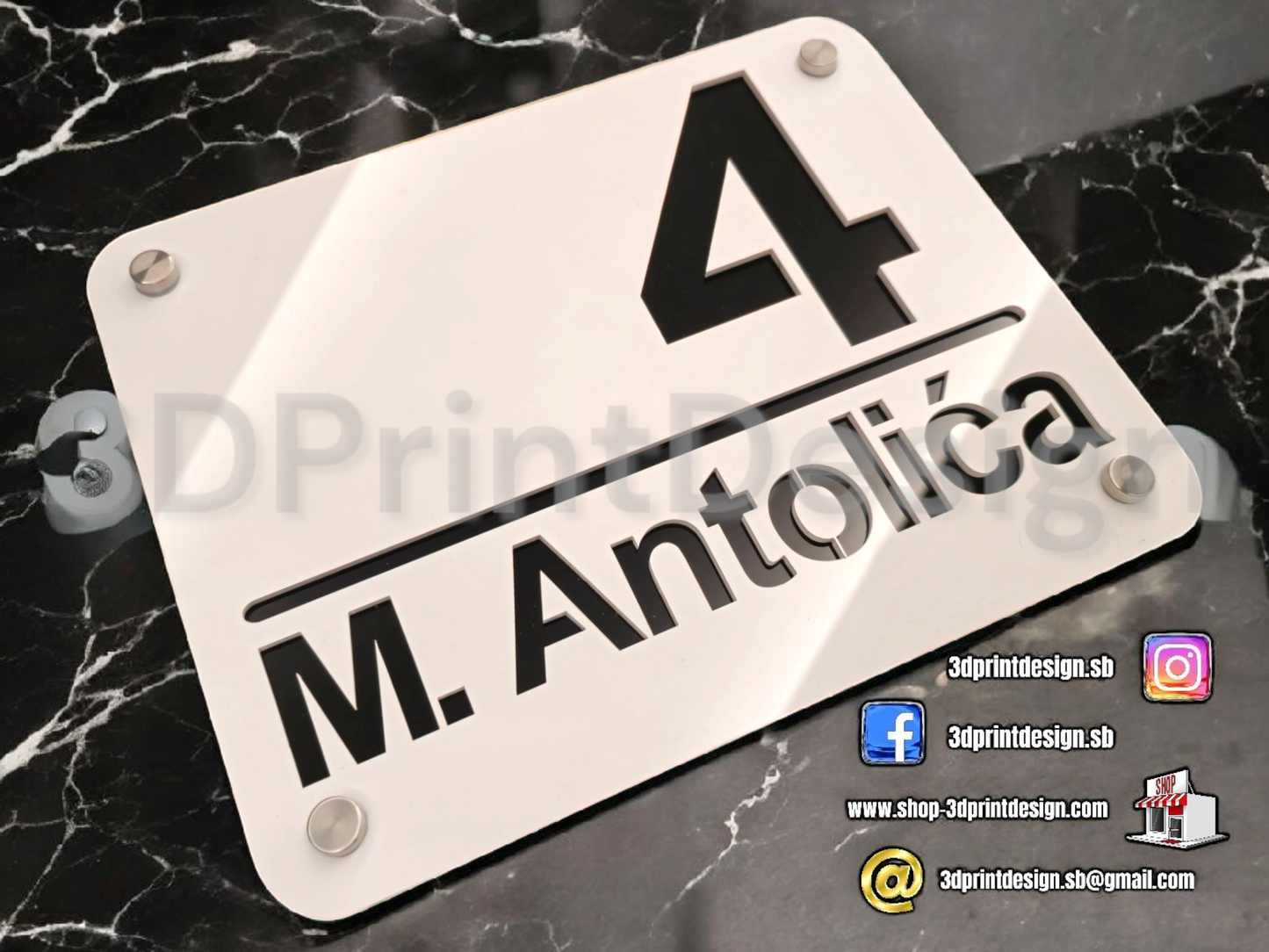 Otirač + Moderni kućni broj na ploči - Bijeli pleksiglas - 3DPrintDesign 