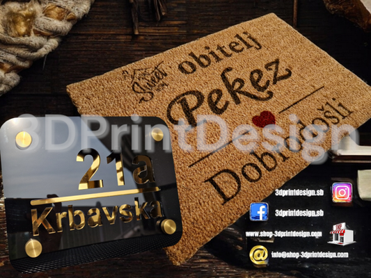 Otirač od kokosovih vlakana + Moderni kućni broj na ploči - Crni pleksiglas - 3DPrintDesign  3DPrintDesign