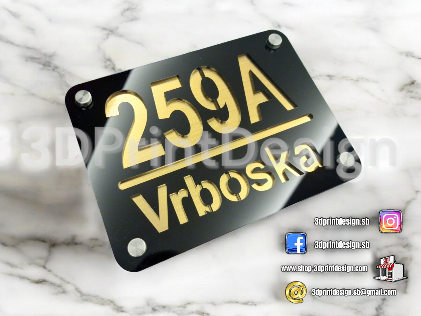 Otirač + Moderni kućni broj na ploči - Crni pleksiglas - 3DPrintDesign 