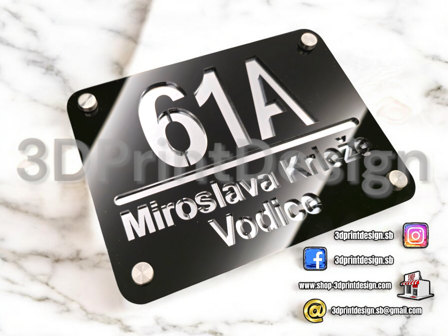 Otirač + Moderni kućni broj na ploči - Crni pleksiglas - 3DPrintDesign 