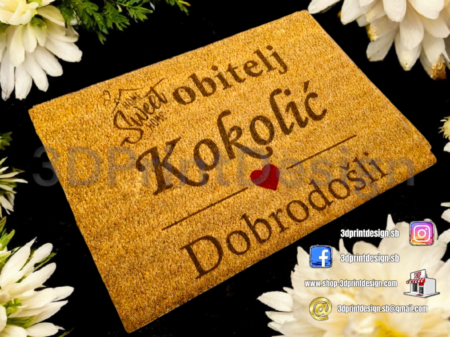 Otirač + Moderni kućni broj na ploči - Crni pleksiglas - 3DPrintDesign 