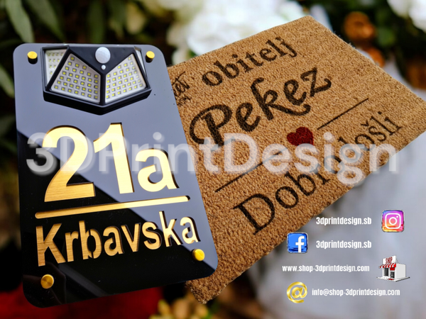 Otirač + Moderni kućni broj sa LED solarnom rasvjetom - Crni pleksiglas - 3DPrintDesign 