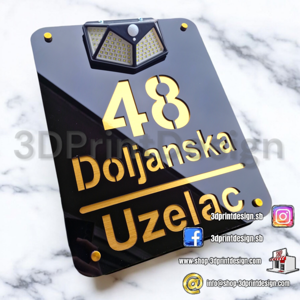Otirač + Moderni kućni broj sa LED solarnom rasvjetom - Crni pleksiglas - 3DPrintDesign 