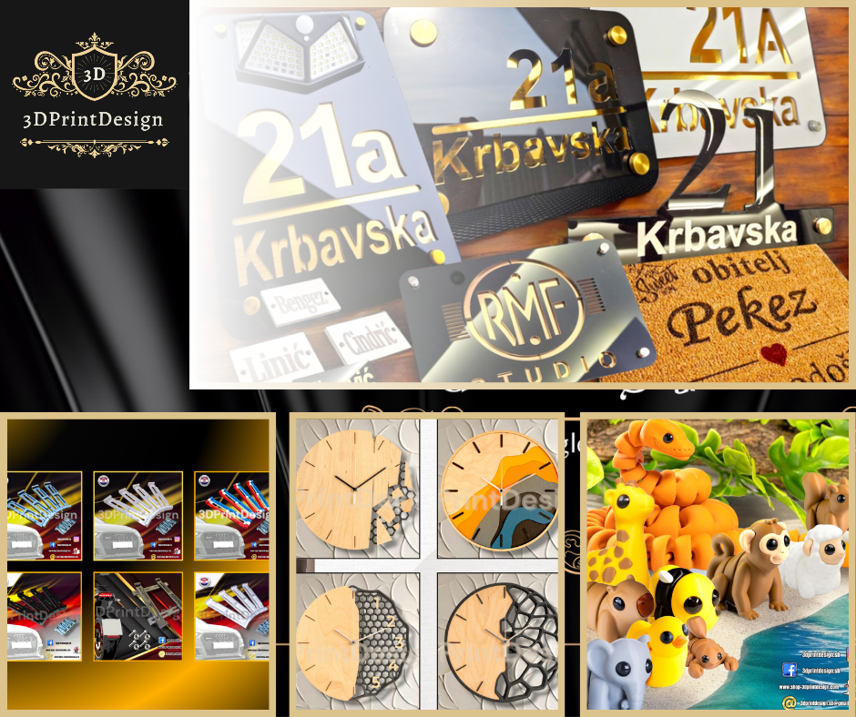 3DPrintDesign nudi 3D print pločice s imenima, kućne brojeve, moderne satove, figurice i dekorativne poklone po narudžbi."