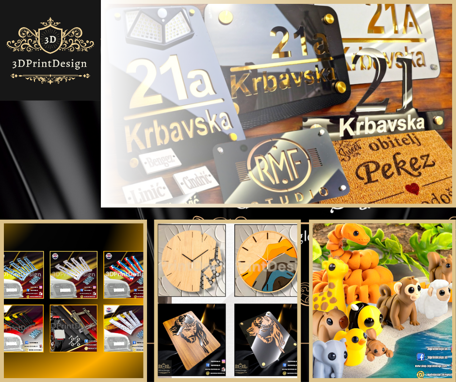 3DPrintDesign nudi 3D print pločice s imenima, kućne brojeve, moderne satove, figurice i dekorativne poklone po narudžbi."