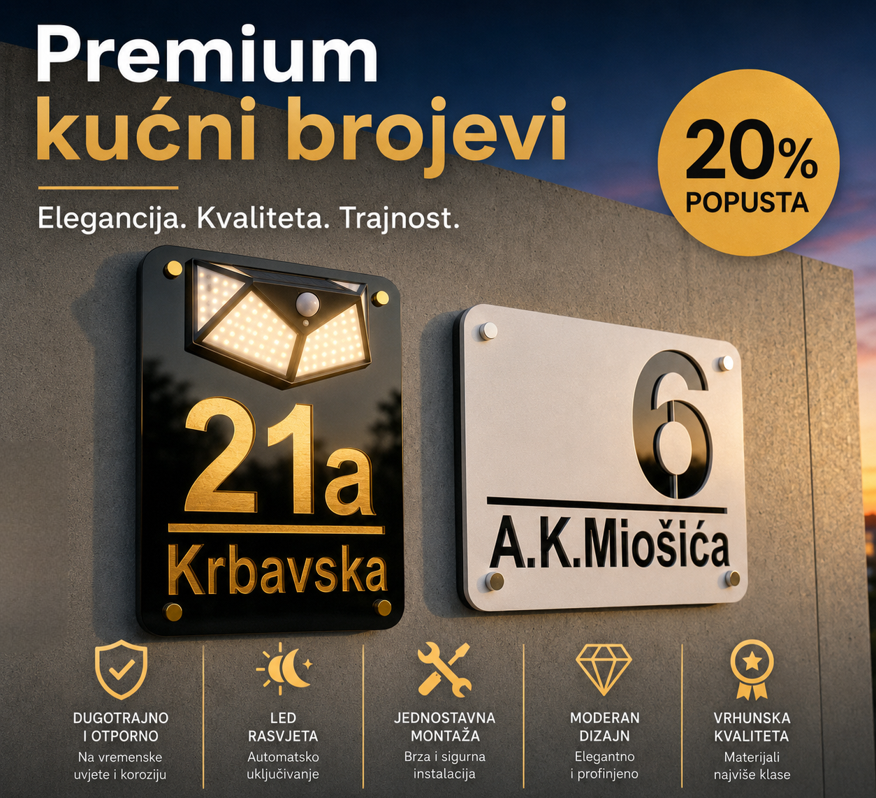Premium kućni brojevi s LED rasvjetom – moderne personalizirane adresne pločice otporne na vremenske uvjete.